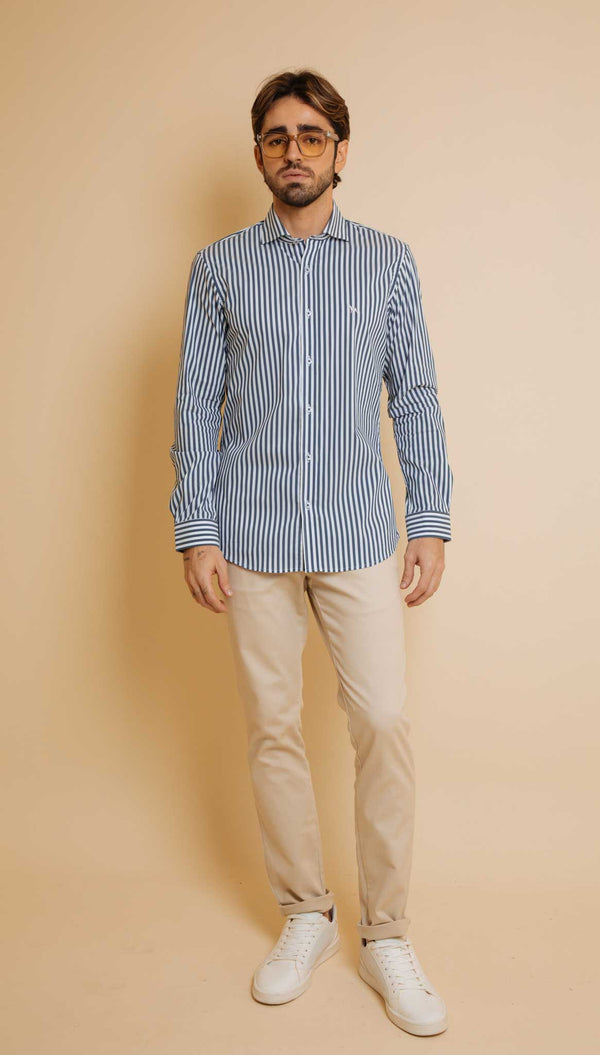 Camisa Manga Larga Rayas Delgadas Navy (Slim Fit)