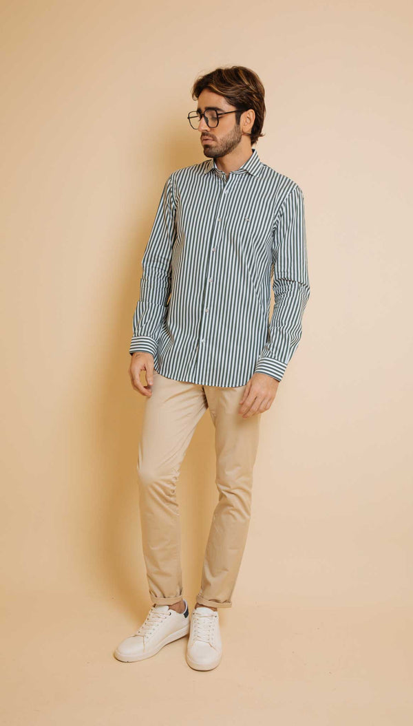 Camisa Manga Larga Rayas Delgadas Verde (Slim Fit)