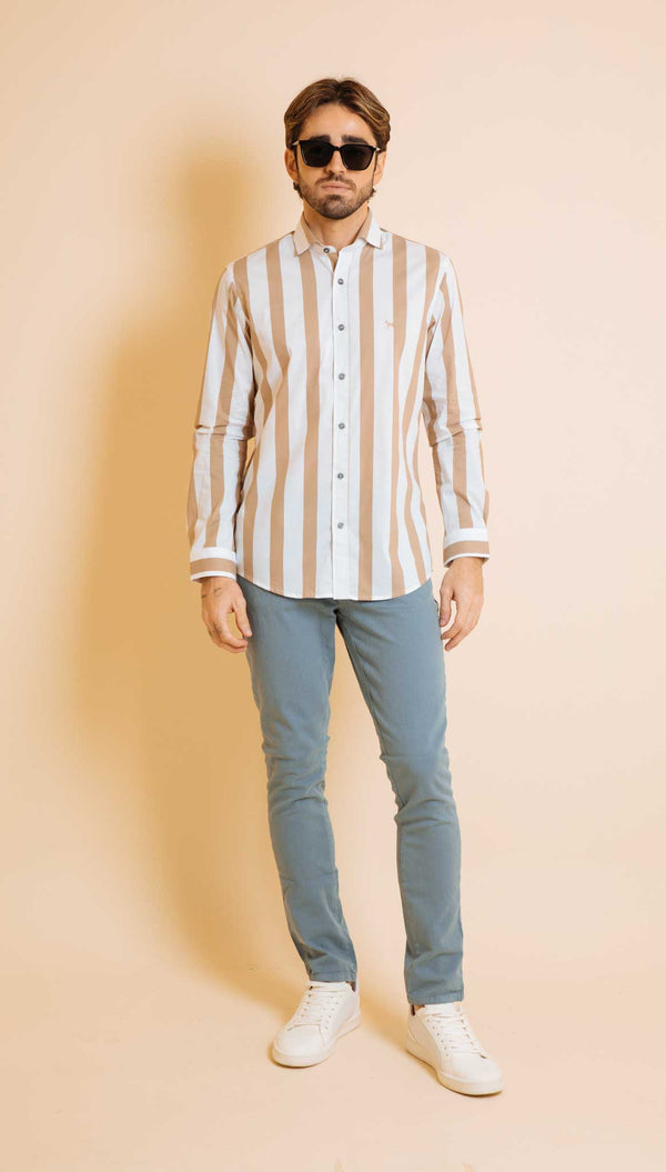 Camisa Manga Larga Rayas Gruesas Khaki (Slim Fit)