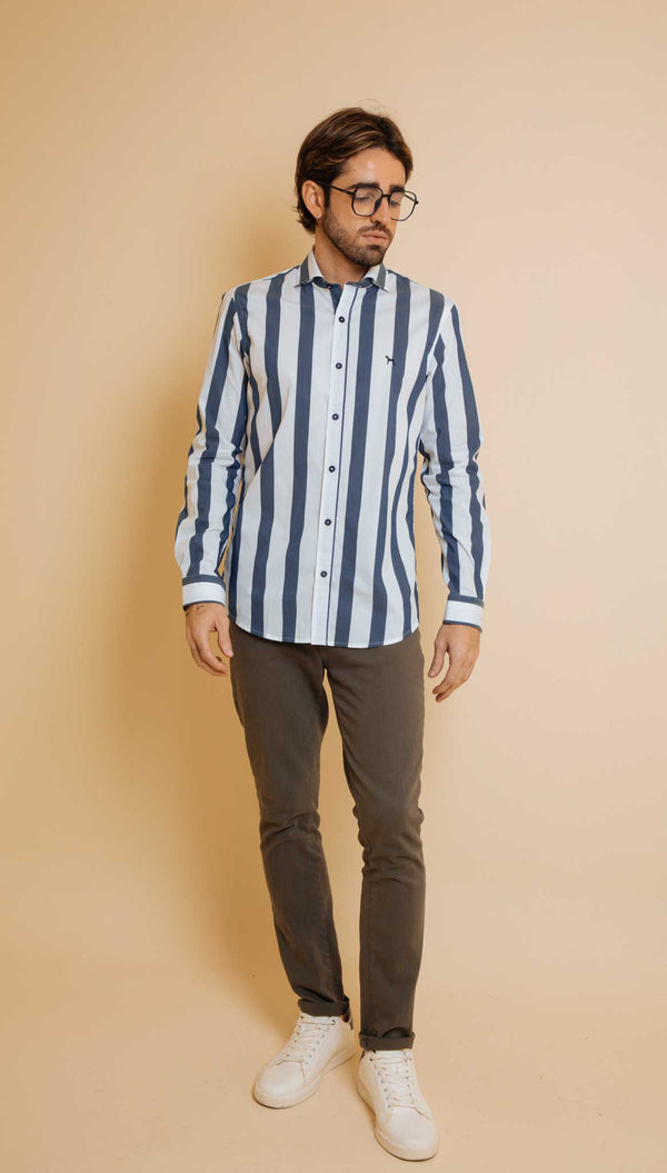 Camisa Manga Larga Rayas Gruesas Navy (Slim Fit)