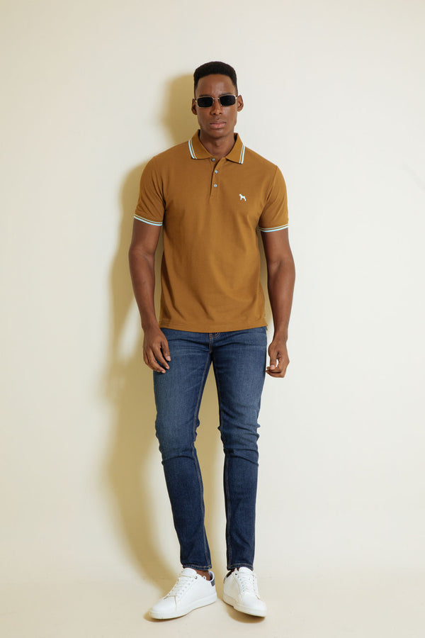 Polo Básica Café Claro - Rayas Azul Claro (Custom Fit)