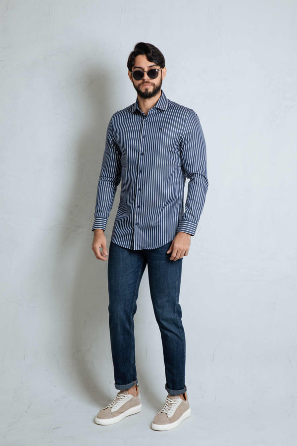 Camisa Manga Larga Azul Turquí Rayas