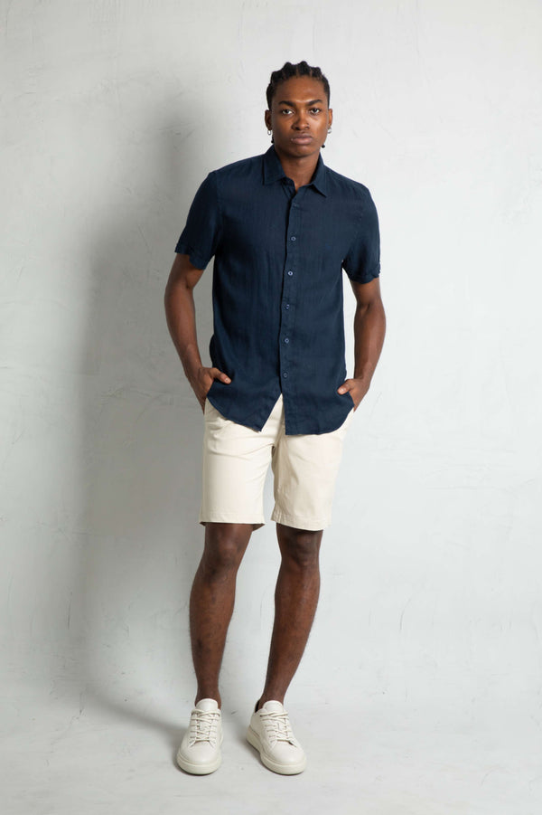 Camisa Manga Corta Lino Azul Turquí