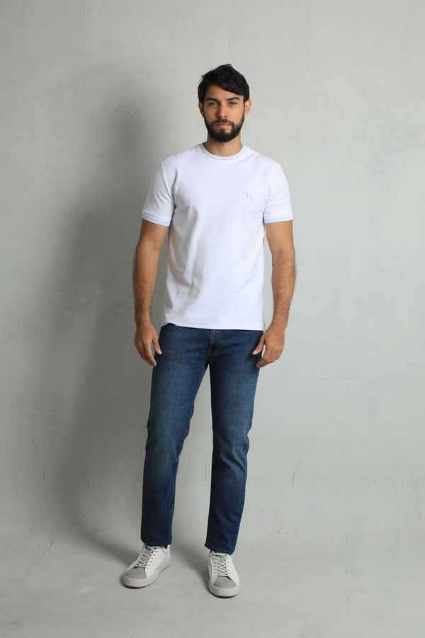 Camiseta Piqué Blanco - Azul  (Custom Fit)