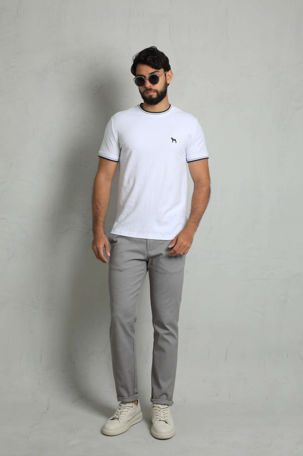 Camiseta Piqué Blanco/Lineas Navy (Custom Fit)