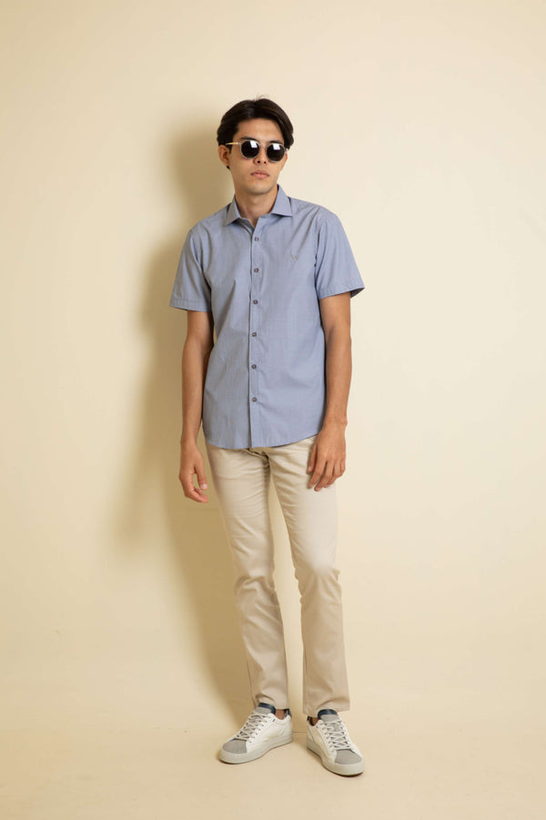 Camisa Manga Corta Cuadros Pequeños Azul Turquí (Slim Fit)