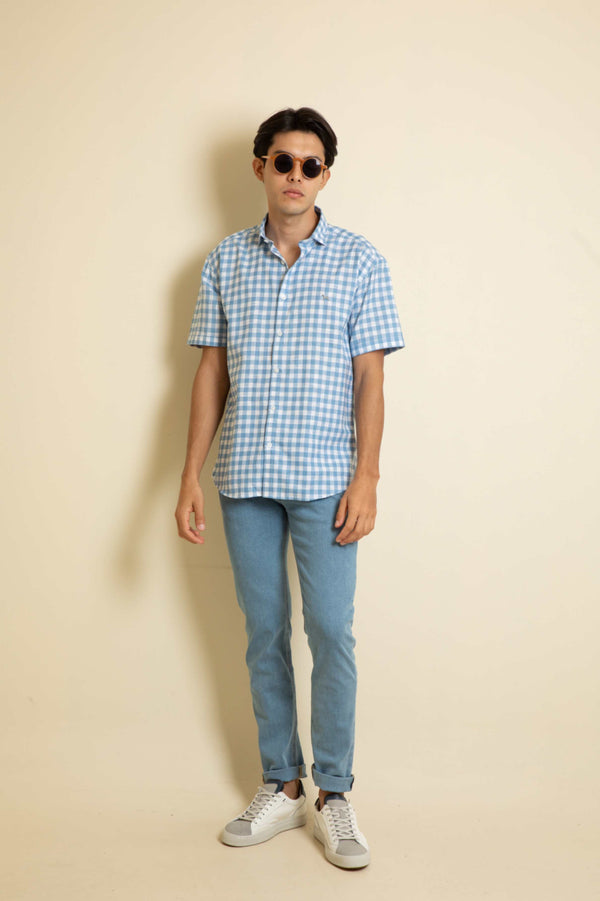 Camisa Manga Corta Cuadros Azules