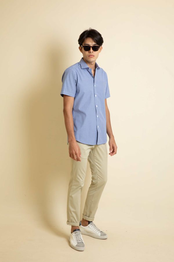 Camisa Manga Corta Cuadros Pequeños Azul Turquí